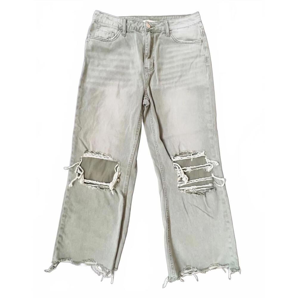 Shop Stevie Wide Leg Jeans‎ Olive Green Distressed High Rise Raw Hem Size 29